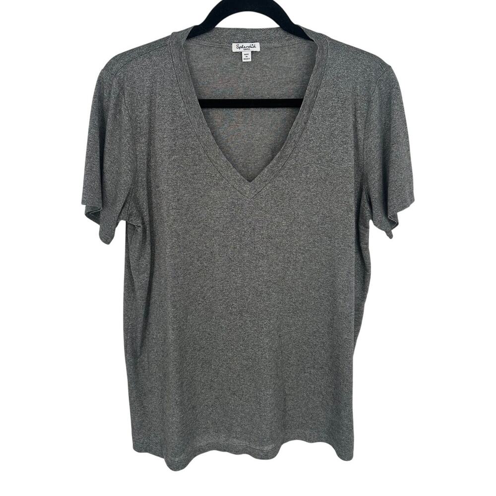 Splendid Womens S Gray Metallic V-Neck Short Sleeve Tee Silver Sparkle Knit EUC‎